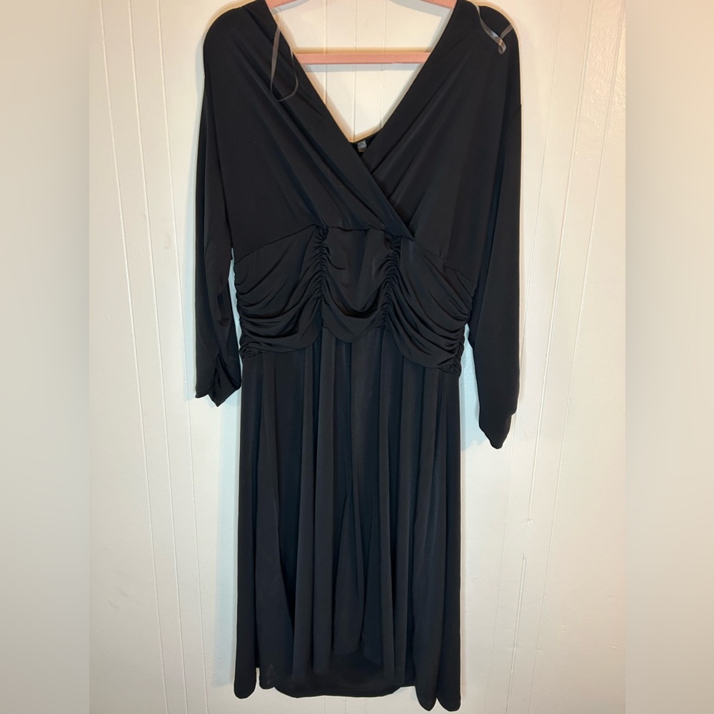NY COLLECTION Ruched Waist Dress 3/4 Sleeve V Neck Knee Length Plus SZ 2X Black
